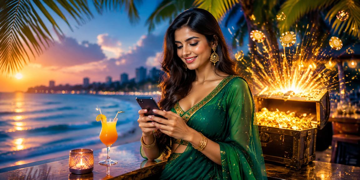 Player enjoying Andar Bahar game on mobile at Chennai Marina Beach